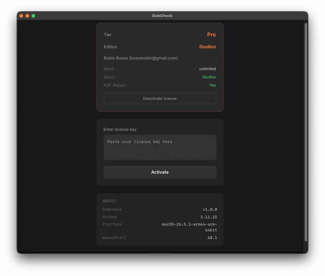License screen